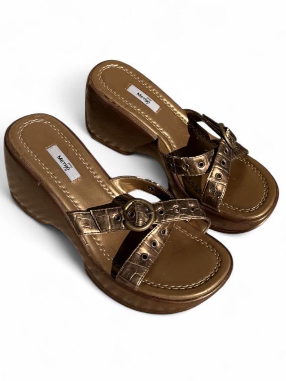 Metro 7 Y2K Bronze Metallic Platform Wedge Mules Buckle Grommet Sandals Size 6